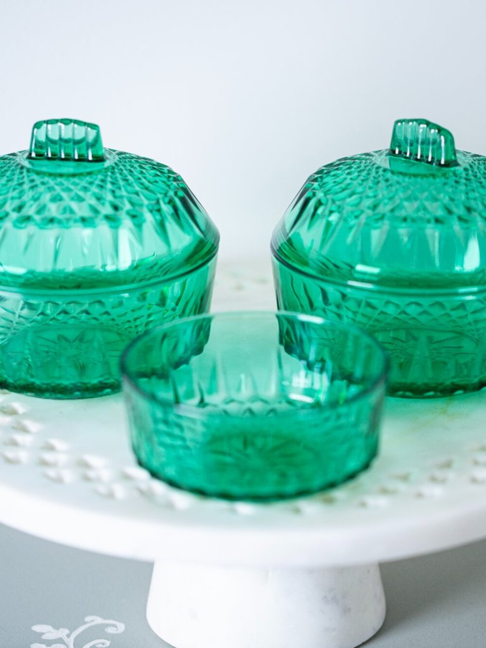 Vintage Green Arcoroc Glassware Set with Lids | French Emerald Glass Bowls